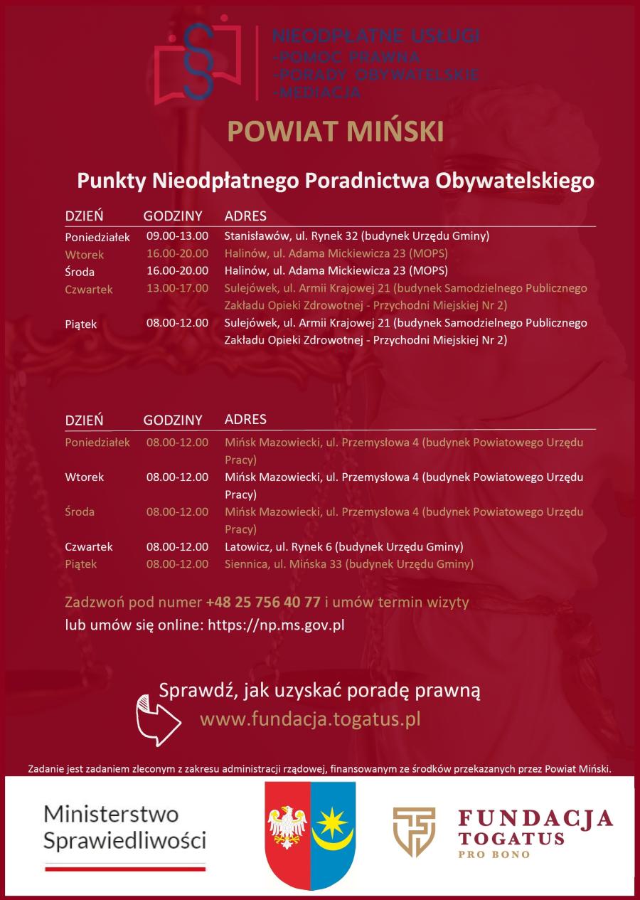 Plakat nieodpłatna pomoc prawna i nieodpłatne poradnictwo obywatelskie - Powiat Miński