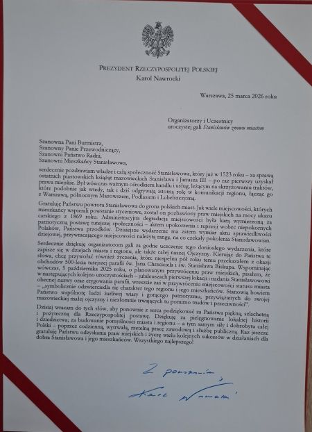 Gratulacje z okazji nadania praw miejskich dla miejscowości Stanisławów
