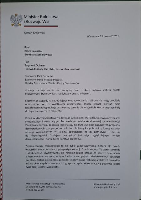 Gratulacje z okazji nadania praw miejskich dla miejscowości Stanisławów