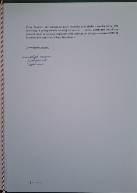 Gratulacje z okazji nadania praw miejskich dla miejscowości Stanisławów