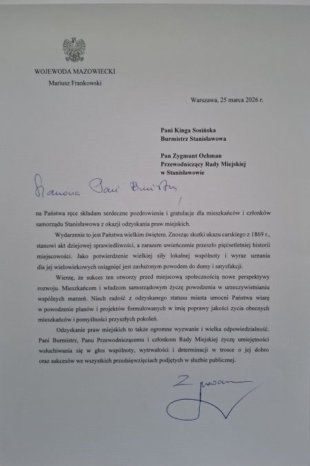 Gratulacje z okazji nadania praw miejskich dla miejscowości Stanisławów