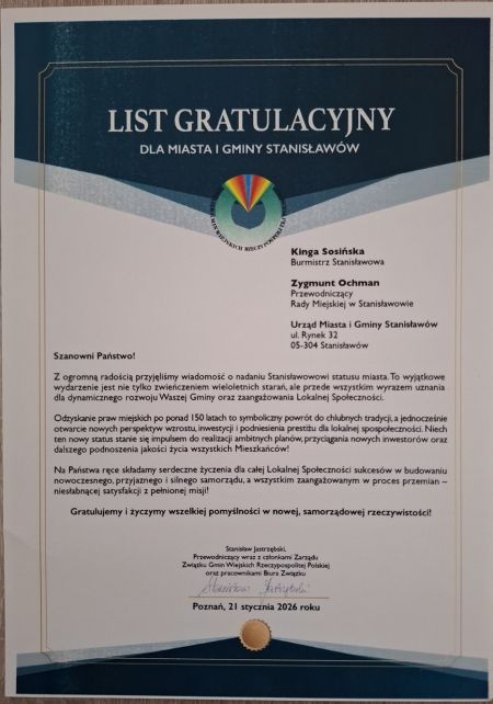Gratulacje z okazji nadania praw miejskich dla miejscowości Stanisławów