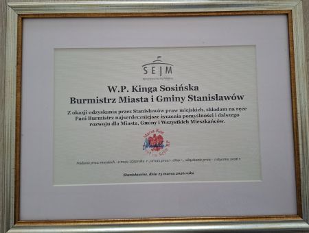 Gratulacje z okazji nadania praw miejskich dla miejscowości Stanisławów