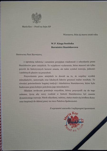Gratulacje z okazji nadania praw miejskich dla miejscowości Stanisławów