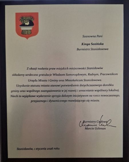 Gratulacje z okazji nadania praw miejskich dla miejscowości Stanisławów