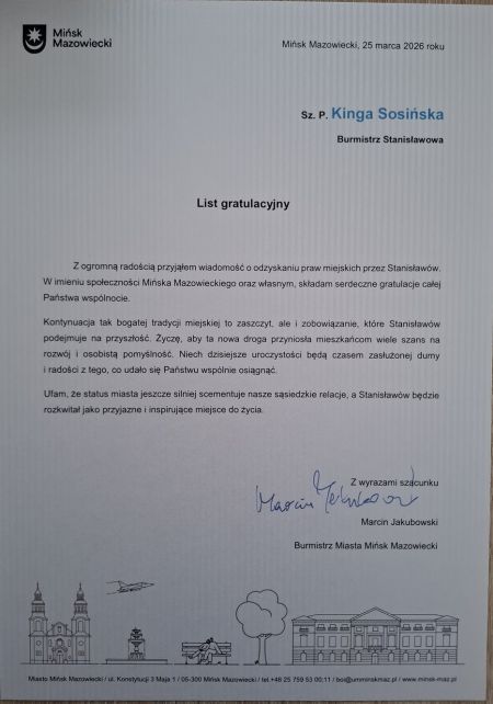 Gratulacje z okazji nadania praw miejskich dla miejscowości Stanisławów