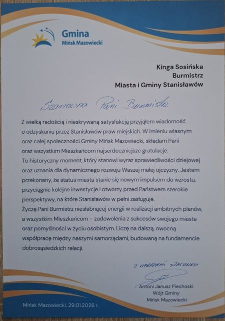 Gratulacje z okazji nadania praw miejskich dla miejscowości Stanisławów