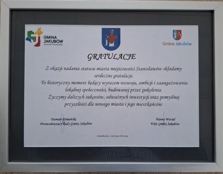 Gratulacje z okazji nadania praw miejskich dla miejscowości Stanisławów