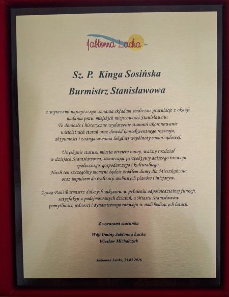 Gratulacje z okazji nadania praw miejskich dla miejscowości Stanisławów