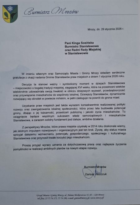 Gratulacje z okazji nadania praw miejskich dla miejscowości Stanisławów