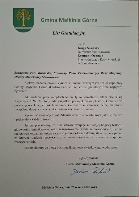 Gratulacje z okazji nadania praw miejskich dla miejscowości Stanisławów