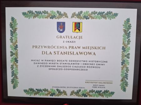 Gratulacje z okazji nadania praw miejskich dla miejscowości Stanisławów