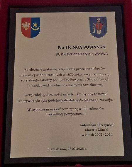 Gratulacje z okazji nadania praw miejskich dla miejscowości Stanisławów