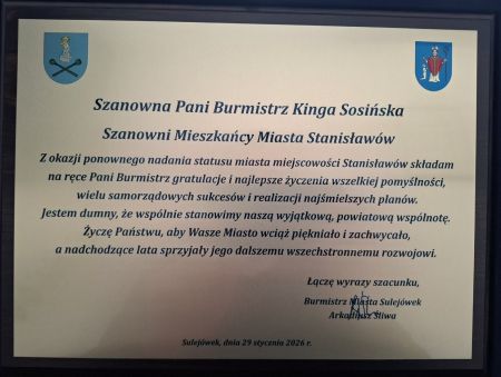 Gratulacje z okazji nadania praw miejskich dla miejscowości Stanisławów