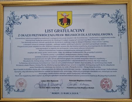 Gratulacje z okazji nadania praw miejskich dla miejscowości Stanisławów
