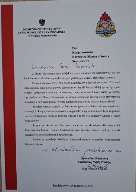 Gratulacje z okazji nadania praw miejskich dla miejscowości Stanisławów