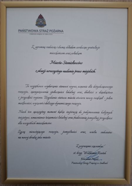 Gratulacje z okazji nadania praw miejskich dla miejscowości Stanisławów