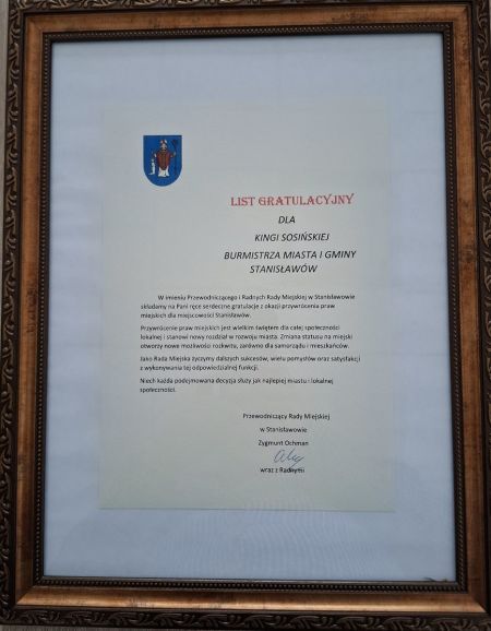 Gratulacje z okazji nadania praw miejskich dla miejscowości Stanisławów