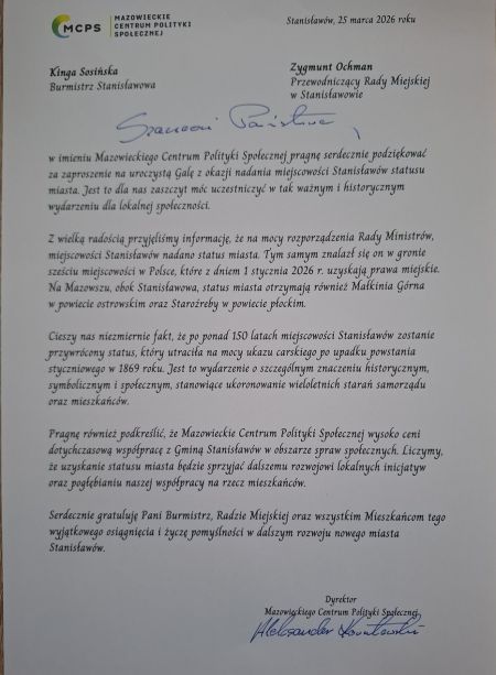 Gratulacje z okazji nadania praw miejskich dla miejscowości Stanisławów