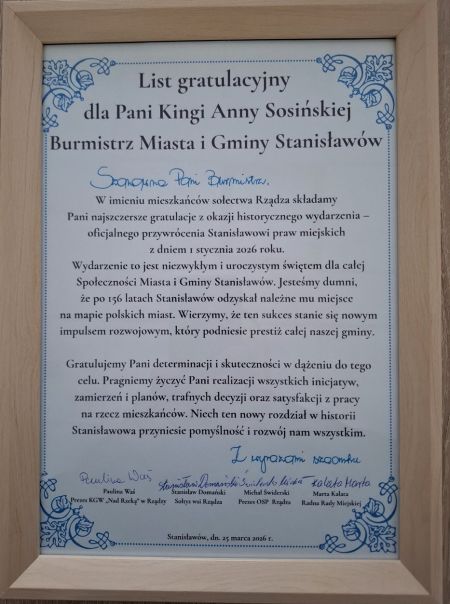 Gratulacje z okazji nadania praw miejskich dla miejscowości Stanisławów