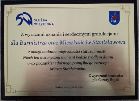 Gratulacje z okazji nadania praw miejskich dla miejscowości Stanisławów