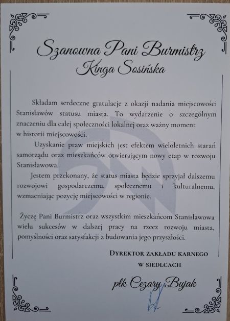 Gratulacje z okazji nadania praw miejskich dla miejscowości Stanisławów